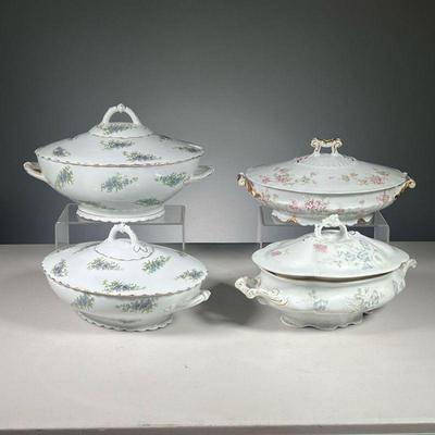 (4PC) PORCELAIN TUREENS | Including a pair of Austrian tureens with blue flowers (Marked O & EG Austria), a Haviland Limoges tureen with...