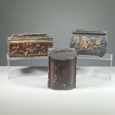 (3PC) BISCUIT & TEA TINS | Featuring tea tin in the shape of a knife box, one faux tortoise shell, and one embossed floral. Largest...