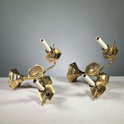 (2PC) PAIR ELECTRIC WALL SCONCES | Pair of electrified double-arm brass sconces designed to look like candle holders. Dimensions: l. 12 x...