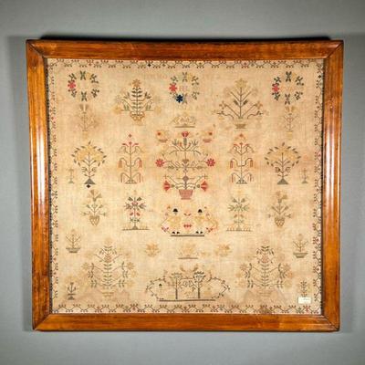 19TH CENTURY FRAMED NEEDLEPOINT | Antique needlepoint decorated with flowers and floral designs, birds, initials, animals among trees and...