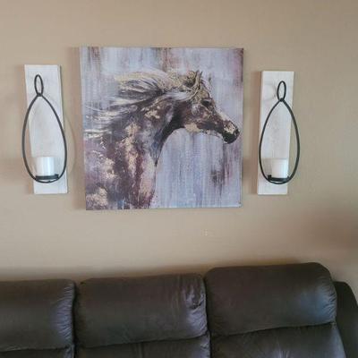 Nice horse painting and two wall sconces