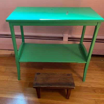 Green Painted Shelf & Primitive stool