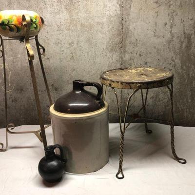 5 gal jug as is/ Mexican pot in stand/  old stool as is