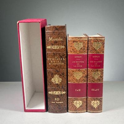 (3PC) FASCIMILE EDITION FRENCH BOOKS | Including; Le Cuisinier Roial et Bourgeois (Charles de Sercy) Rene Dassagne edition in a velvet...