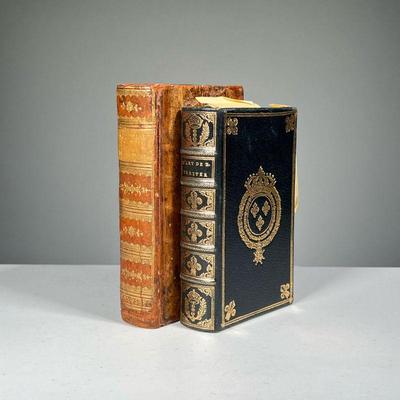 (2PC) FRENCH LEATHER BINDINGS | French cookbooks in full leather binding with gilt tooled spines, including La Cuisiniere Bourgeoise,...