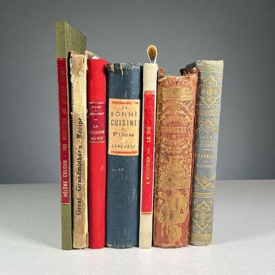 (7PC) FRENCH & OTHER COOKBOOKS | Cloth bound early cookbooks, some with gilt tooled spines, including: Domestic Cookery for the use of...