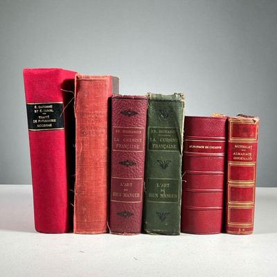 (6PC) LARGE FRENCH LANGUAGE COOKBOOKS | Includes; 2 Copies of La Cuisine Francaise, l'Art du Bien Manger (1910 Ed. Bound in red, 1913 Ed....