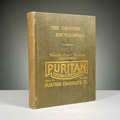 THE GROCER’S ENCYCLOPEDIA | Artemis Ward, 1911 Gilt linen binding with puritan cocoa and chocolate advertisement and with many color...
