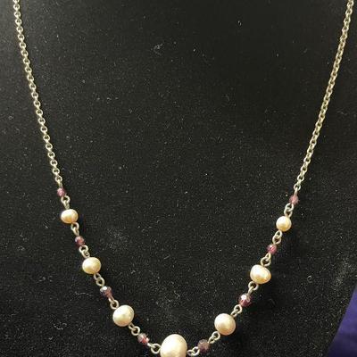 Sterling Silver -White Pearl & Red Bead Necklace