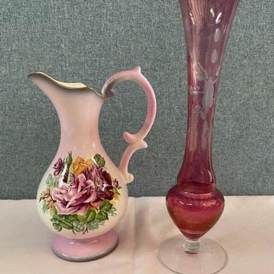 Old Farley pitcher & cranberry glass bud vase