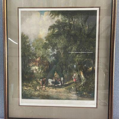 Signed: Lawrence Josset  Vint Mid Century 1947 picture "Mezzotint Milking"