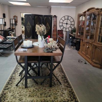Wood & Wrought Iron Dining Table with 4 Chairs and Bench