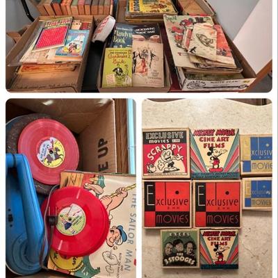 Vintage books and comic books, 8mmReel Movies, kids record player