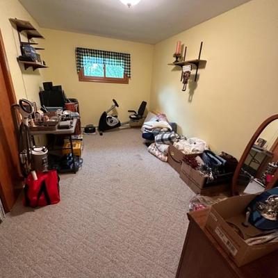 Exercise bike, bedding, dresser, radios, cameras...
