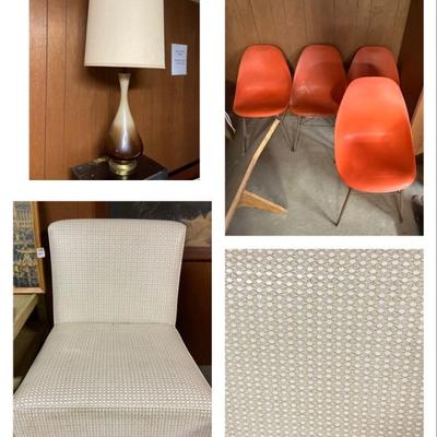 MCM mid-century white armless chair, set of 4 orange plastic chairs