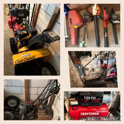 Large and small garden tools. Chain Saws, axes, blowers, trimmers, snow blower, lawn roller, shovels, gas cans...