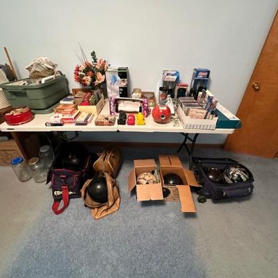 Bowling balls, knickknacks, sewing boxes