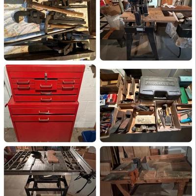 Antique tools, saws, tool chest, hardware