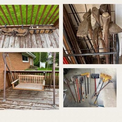Planters, swing, lawn tools