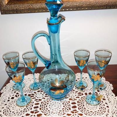 Blue glass decanter set