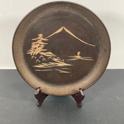 Wood Japanese Plate with Mt Fuji