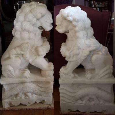 Marble foo dogs / fu lions (male-female pair)