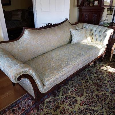 Goose down fill, silk damask tufted camelback sofa
