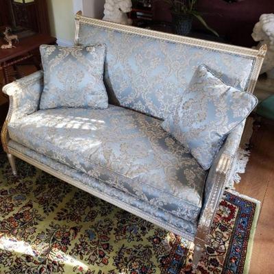 Blue silk damask French love seat sofa