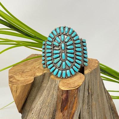  Southwestern Sterling Silver Cluster Cuff Bracelet w/ Petit Point Turquoise