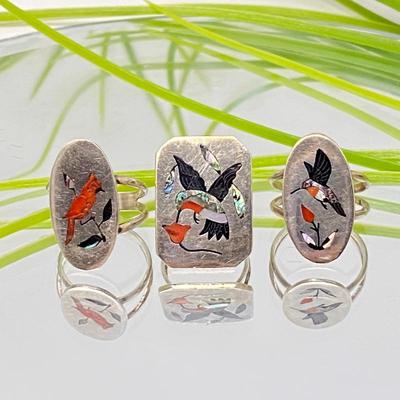 3 Navajo Sterling Silver Cardinal & Humming Bird Rings by Larry Watchman & Dan Edaakie