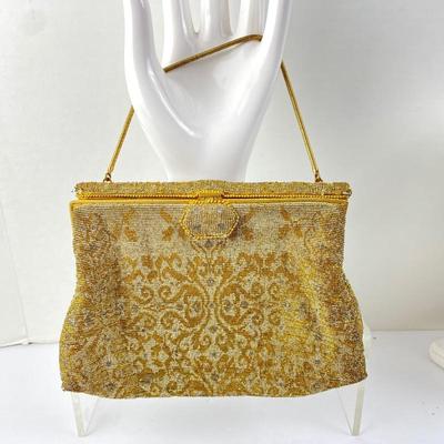  Antique Handbag- A Work of Art Made w/ Tiny Gold Glass Beads - Gold Chain, Magnetic Closure