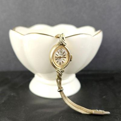  Vintage Women's Croton Watch with Gold Rope-Like Band - Marked 10k RGP Bezel - Plus Lenox Trinket Bowl
