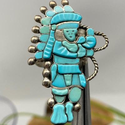 Zuni Hoop Dancer Sterling Silver & Turquoise Ring by Lavonne Lalic sm. 7.5