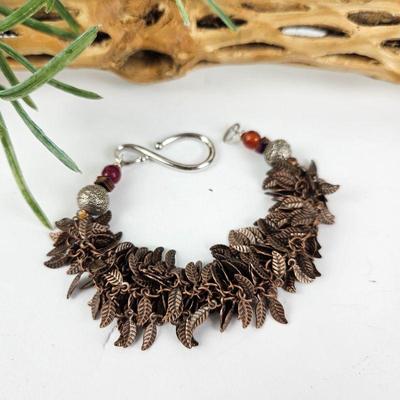 Statement Bracelet Handmade Using Bronze Leaves, Red accent Beads with Silver Closure - 7