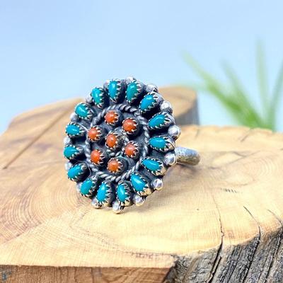 Vintage Sterling Silver Cluster Ring with Turquoise & Coral sz. 5.5