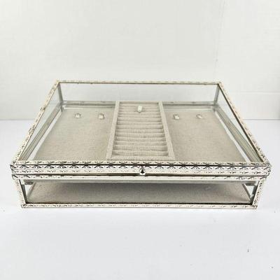 Pottery Barn Two Tier Silver and Glass Jewelry Box Lined in Beige Linen (Crack in Glass on the Back)