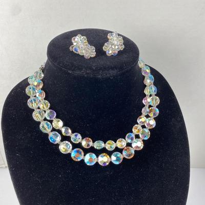  Vintage 1950's Magical Aurora Borealis Crystal Two Strand Necklace Earring Set by Lisner