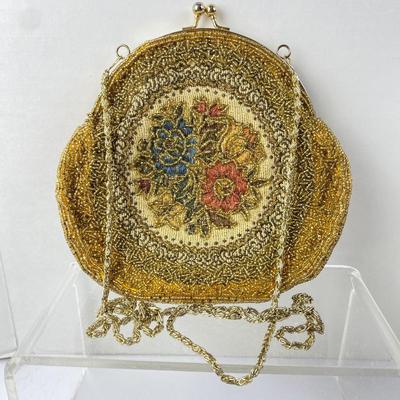  Victorian Beaded Handbag -Floral Tapestry Embroidered w/ Fine Gold Seed Beads