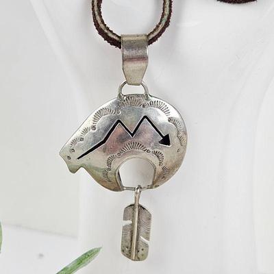 Native American Style 18" Necklace - Leather Necklace with Sterling Bear and Feather Pendant