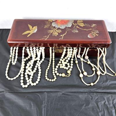  Set of Six Faux Peal Necklaces in an Asian Inspired Lacquered Storage Box 12