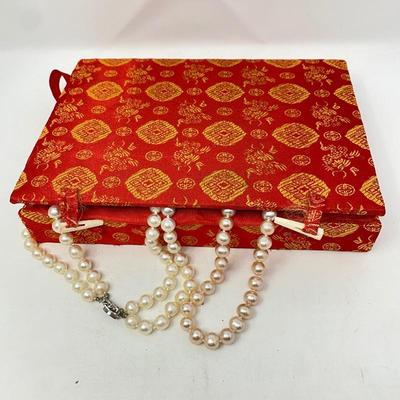 Long 34â€ Pink Cultured Pearl Necklace & Two Strand Pearl Necklace with Asian Box