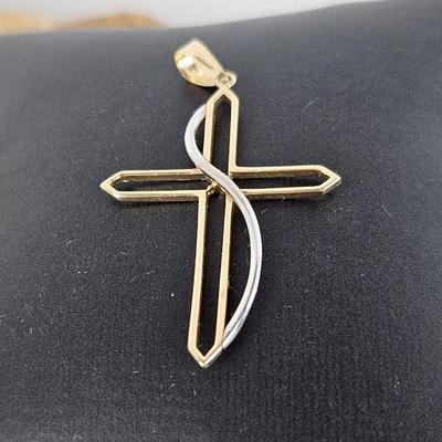14k Gold Cross Pendant with Silver Accent Down the Front - 1.5
