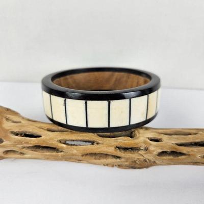 Beautiful and Unique Thick Wood Bangle Bracelet with Genuine Bone Inlays - Sz 7.5 - 8
