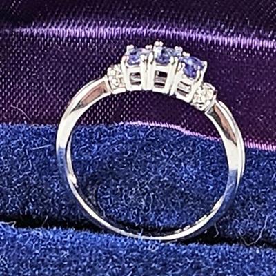 10k White Gold Ring with Three Amethysts and Small CZs - Ring Size 7.