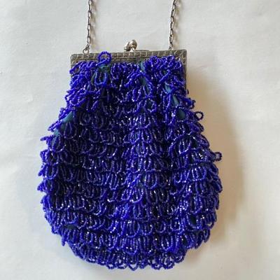  Art Deco Cobalt Blue Glass Seed Bead Handbag from The Flapper Era