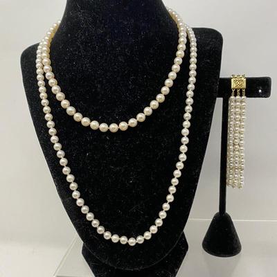 Three Piece Cultured Pearl Set- 24â€ & 16â€ Necklaces- 3 Strand Bracelet w/ 14k Gold Clasp
