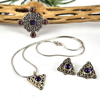 Irish Celtic Sterling and 18k Jewelry - Trinity Knots w/ Amethyst Accents - Earrings, Necklace & Brooch