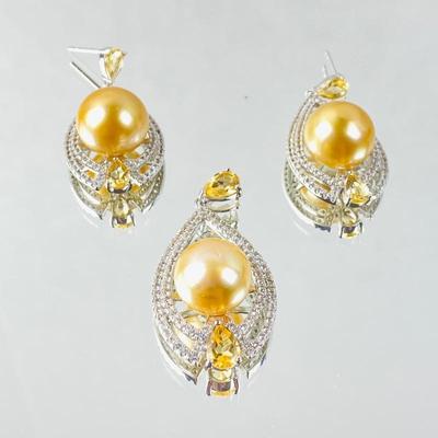  Golden South Sea Pearl Pendant & Earring Set w/ Topaz & Citrine on Sterling Silver