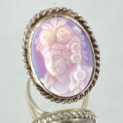 Antique Pink Lady Carved Cameo and Sterling Silver Ring sz. 5