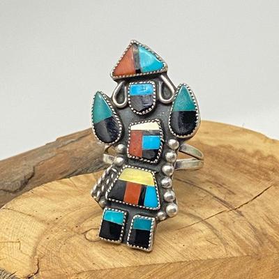 Zuni Sterling Silver Inlay Kachina Ring sz. 7